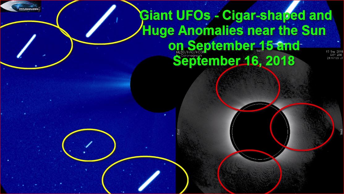 Гигантские НЛО - Сигарообразной формы и Огромные Аномалии возле Солнца 15 и 16 сентября 2018