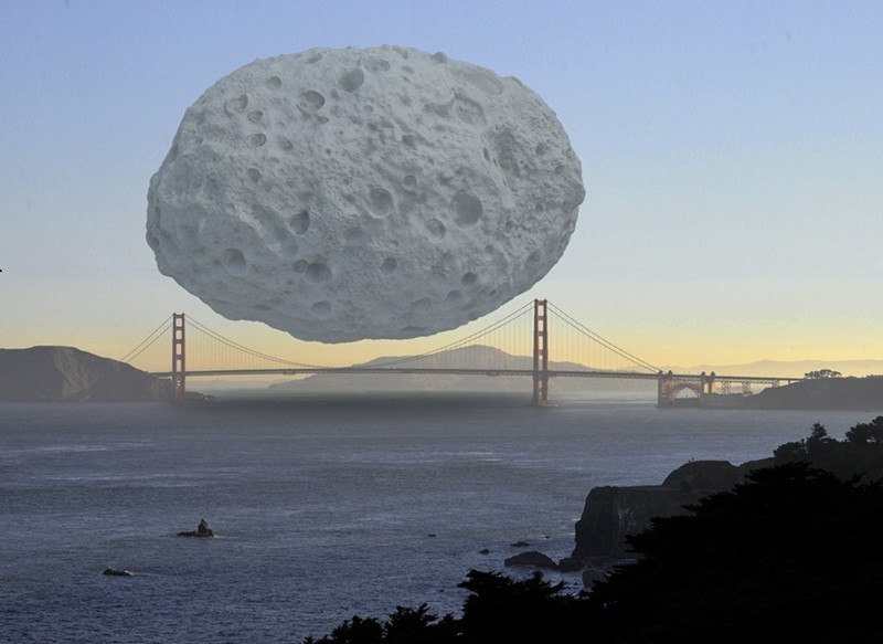 Околоземный астероид Дионис (диаметр около 1,5 км) в сравнении с Сан-Францисским мостом Золотые ворота.