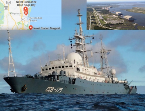 Российский шпионский корабль замечен у базы атомных субмарин ВМС США.