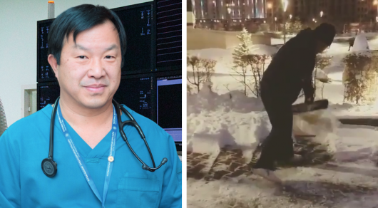 "Каждое утро этот великий человек, Юрий Пя, чистит снег около Кардиохирургического центра" или просто подметает