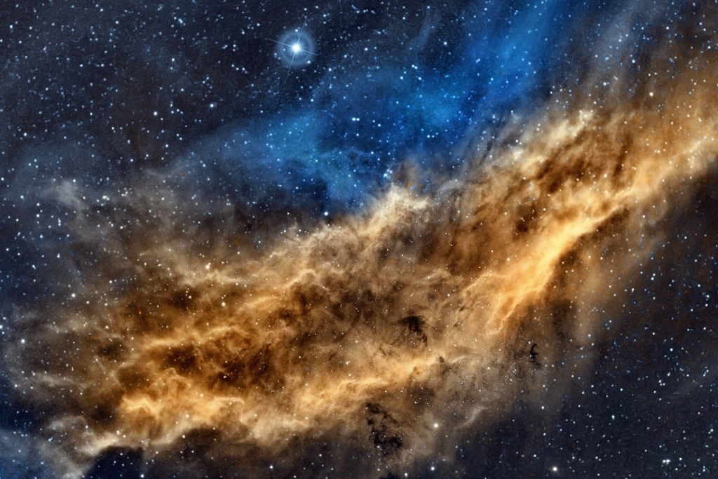 Туманность Калифорния (NGC 1499), расположенная в 1500 св. годах от нас в созвездии Персей. Её размер - около 100 св. лет.
