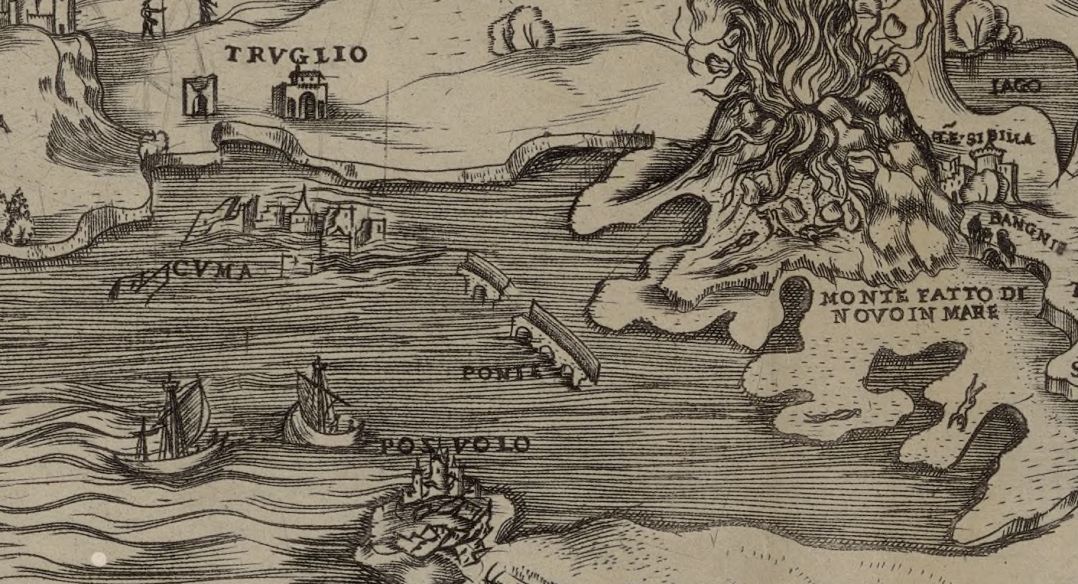 Гибель города Поццуоли из-за извержения вулкана. Гравюра 1599 года