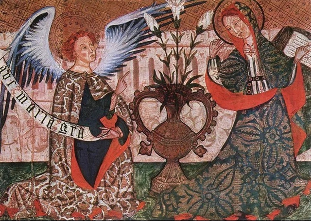 Благовещение, неизвестный художник, Испания, ок. 1430, Дерево, 140 х 169 см. Национальный музей искусства Каталонии, Барселона.