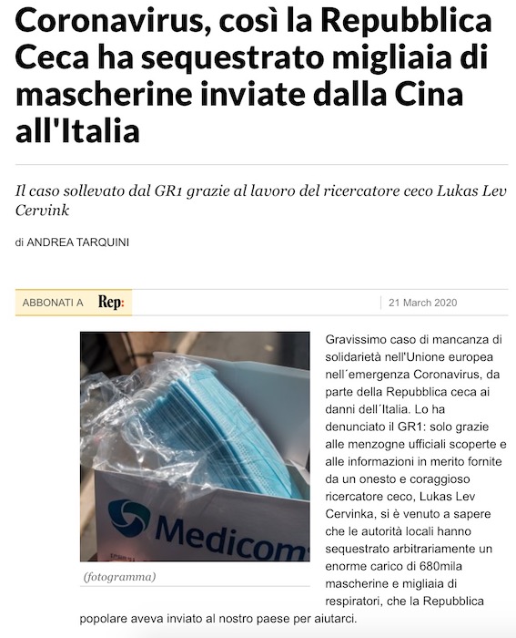 Чехия присвоила себе тысячи медицинских масок, отправленных из Китая в Италию