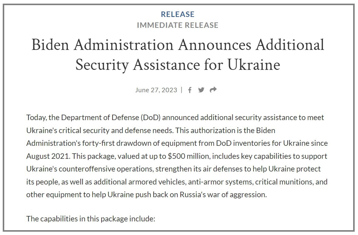 27 июня Пентагон объявил о новом, 41-м, пакете военной помощи Украине