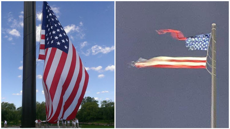 Удар молнии разорвал на две части самый большой флаг США в мире