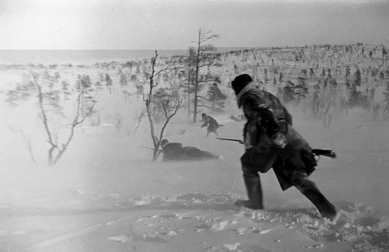 Советские пехотинцы в зимнем бою на полуострове Средний (на севере Кольского полуострова). 1943 г.