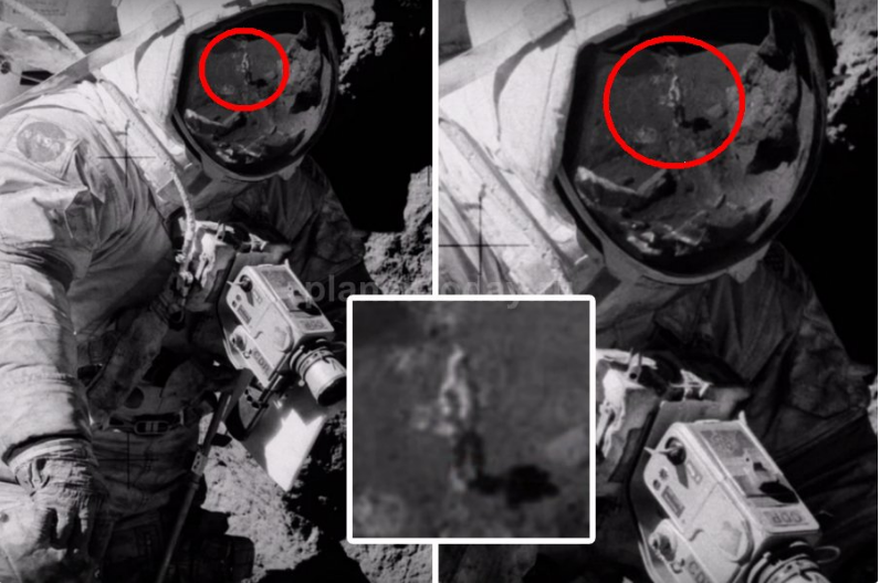 Уфолог рассмотрел в отражении шлема астронавта человека без скафандра, стоящего на Луне