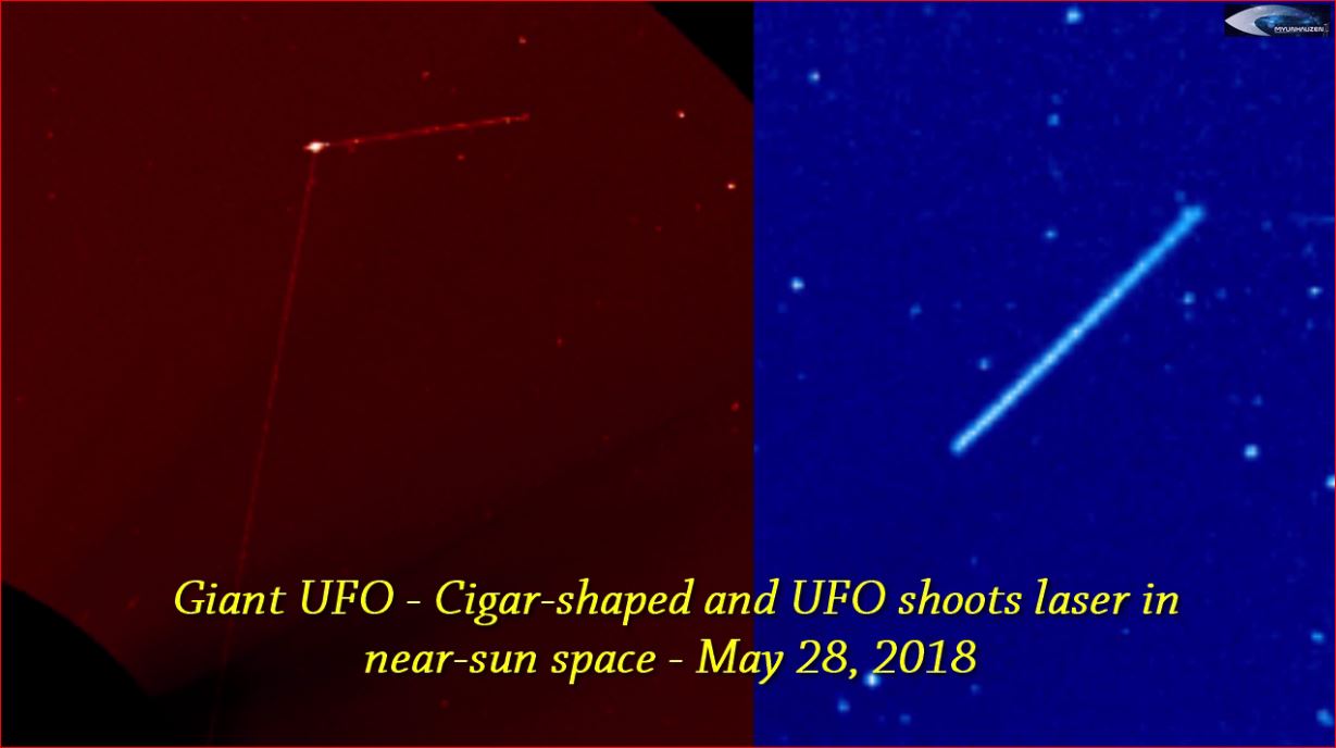Гигантский НЛО - Сигарообразной формы и НЛО стреляет лазером в околосолнечном пространстве - 28 мая 2018