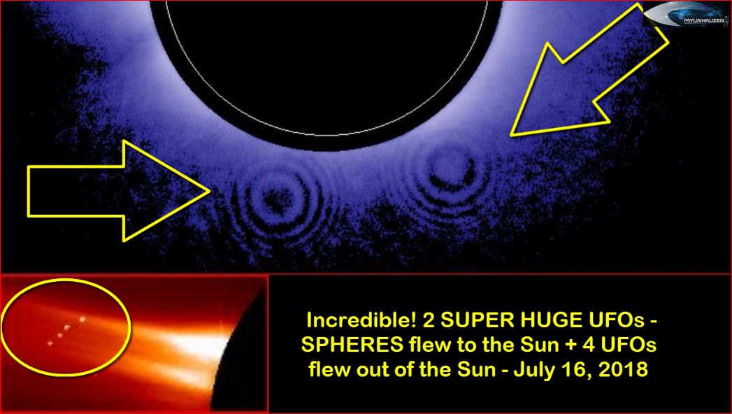 Невероятно! 2 СУПЕР ОГРОМНЫЕ НЛО - СФЕРЫ подлетели к Солнцу + 4 НЛО вылетели из Солнца - 16 июля 2018