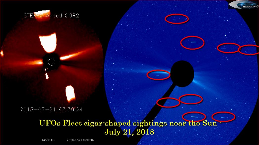 Флот сигарообразных НЛО наблюдение возле Солнца - 21 июля 2018