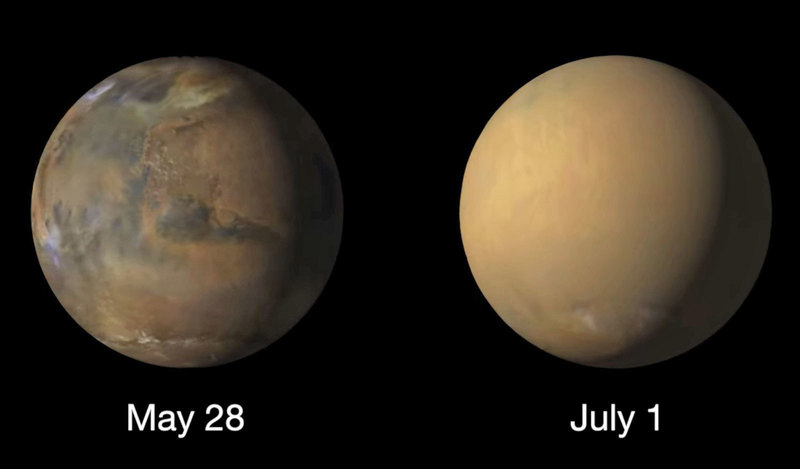 Марс до и во время сильного пылевого шторма: изображения NASA