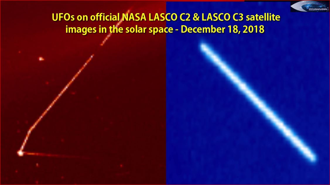 НЛО на официальных снимках спутника NASA LASCO C2 & LASCO C3 в околосолнечном пространстве - 18 декабря 2018