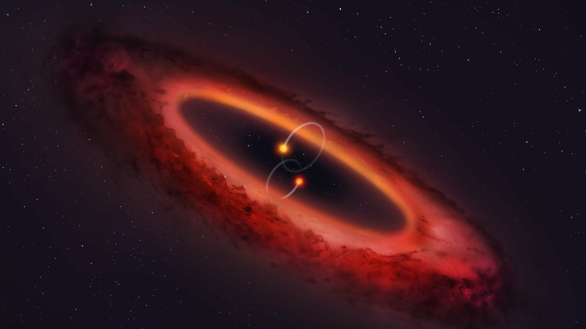Найдена двойная звёздная система с планетообразующим диском, вставшим на дыбы