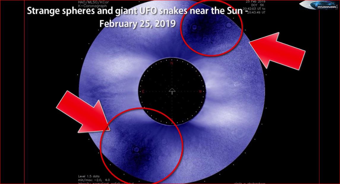 Странные сферы и гигантский НЛО - змей возле Солнца - 25 февраля 2019